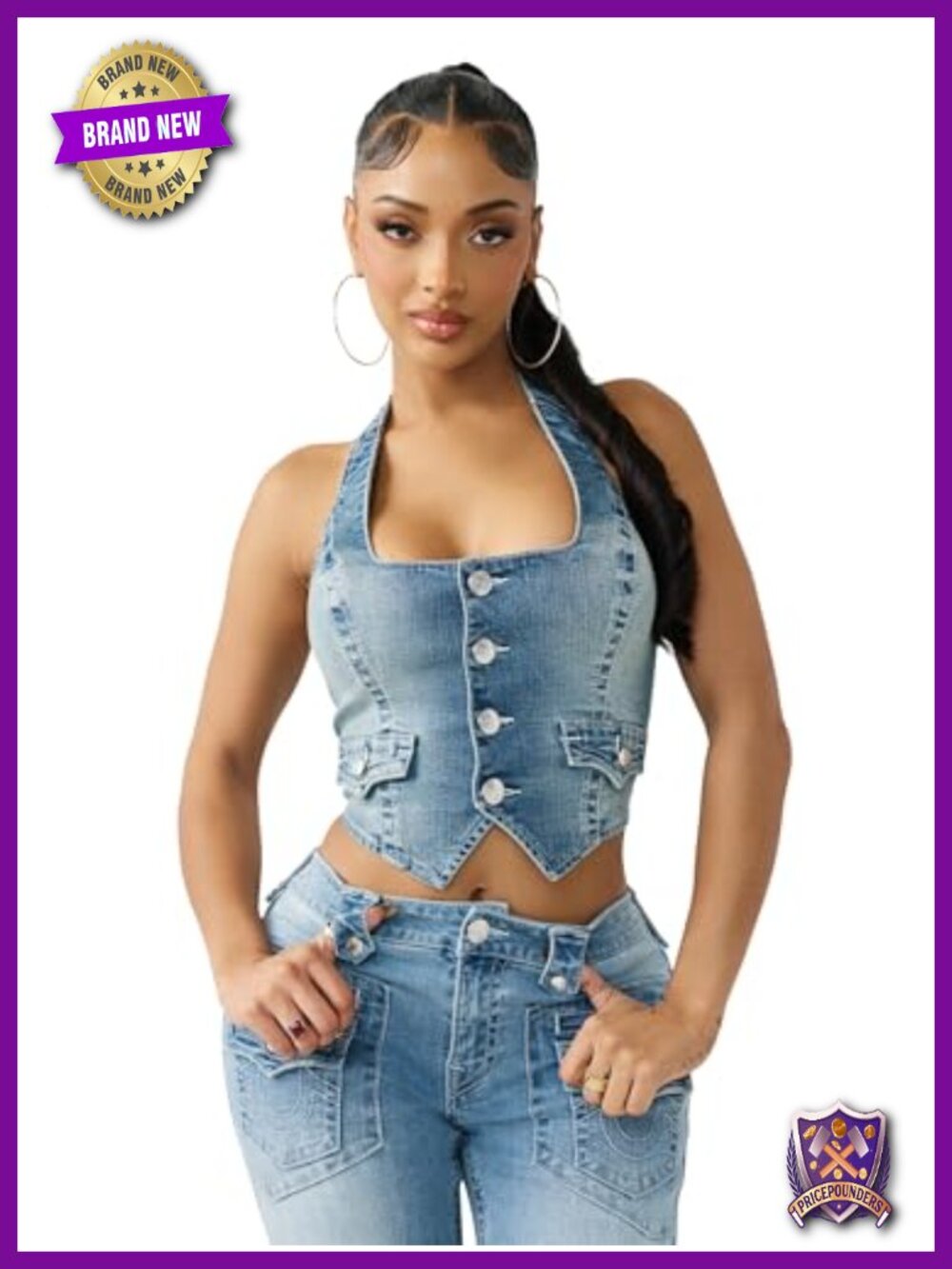 Cropped Scoop Neck Denim Vest Corset Top with Copper Hardware
